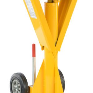 The Vestil Trail Stabilizing Ratchet Beam Jack 50K features a yellow triangular frame with large wheels for easy mobility, a small stabilizing wheel, and a red handle. Its adjustable center column makes it the ideal hydraulic jack stand solution.