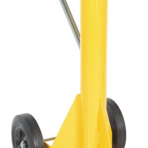 The Vestil Trailer Stabilizing Ratchet Jack 40K is a yellow hydraulic jack featuring two black wheels, a long metal handle with a red grip, and a triangular base for stability. Its round platform ensures effortless lifting of heavy objects.