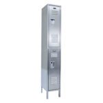 Meet the Vestil Locker-Ss 2 Row 1 Column, a tall silver metal locker with two vertically stacked doors, each featuring a handle and ventilation slits. Measuring 12 x 18 x 78 inches, it stands on sturdy four-legged support and offers perfect organized storage.