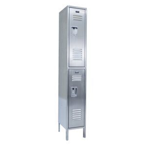 Meet the Vestil Locker-Ss 2 Row 1 Column, a tall silver metal locker with two vertically stacked doors, each featuring a handle and ventilation slits. Measuring 12 x 18 x 78 inches, it stands on sturdy four-legged support and offers perfect organized storage.
