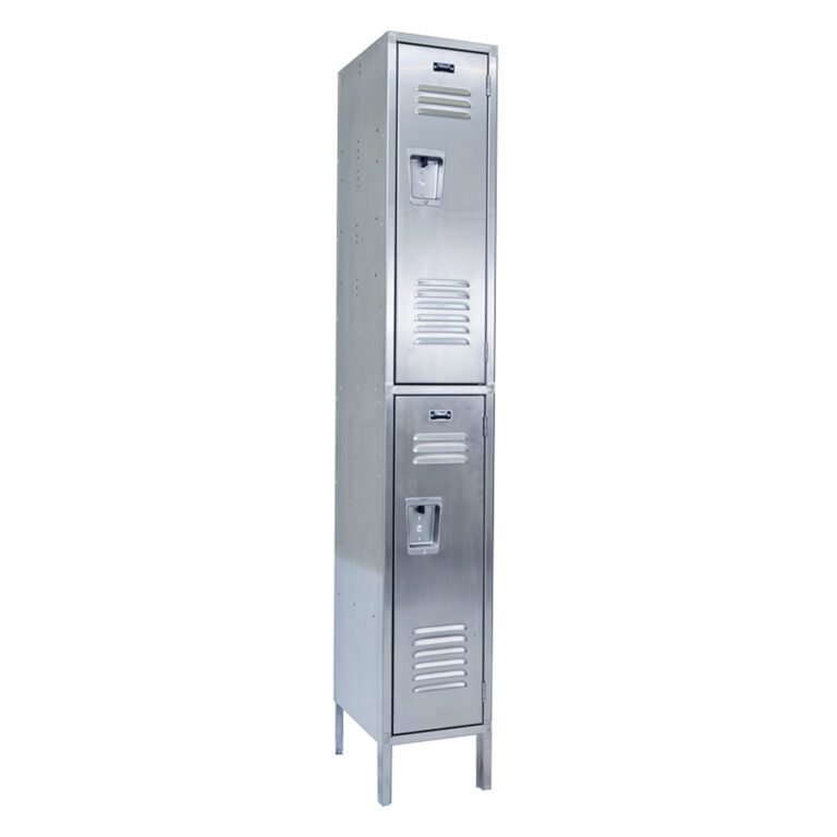 Meet the Vestil Locker-Ss 2 Row 1 Column, a tall silver metal locker with two vertically stacked doors, each featuring a handle and ventilation slits. Measuring 12 x 18 x 78 inches, it stands on sturdy four-legged support and offers perfect organized storage.