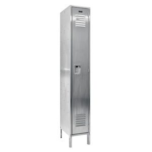 The Vestil Locker-Ss, 78 inches tall with a stainless steel finish, features a vented door and secure handle. Designed with four sturdy legs, it offers a sleek, industrial look ideal for storage in gyms, schools, or workplaces.
