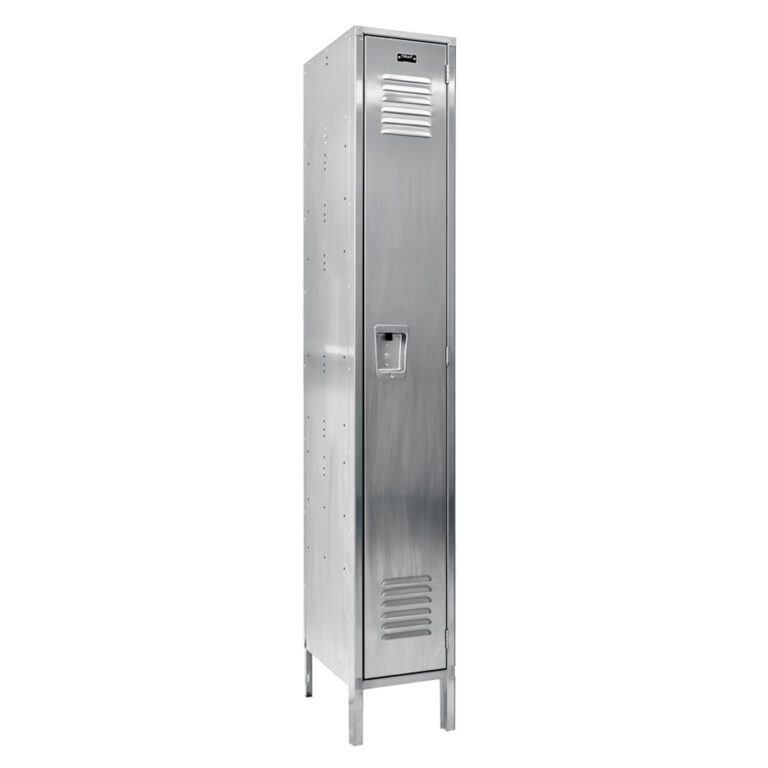 The Vestil Locker-Ss, 78 inches tall with a stainless steel finish, features a vented door and secure handle. Designed with four sturdy legs, it offers a sleek, industrial look ideal for storage in gyms, schools, or workplaces.