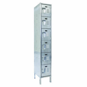The Vestil Locker-Ss 6 Row 1 Column 18 X 18 X 78 features six separate compartments with handles and label holders, standing tall on four short legs. Its shiny metallic silver finish adds an elegant touch.