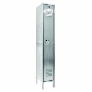 The Vestil Locker-Ss 1 Row 1 Column 18 X 18 X 78 is a sleek metallic locker with a vented door and handle. It stands on four short legs, featuring a polished surface that adds modern elegance to any space.