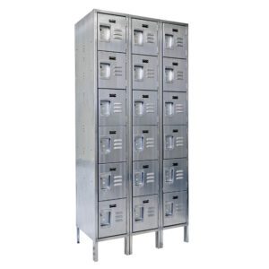 A set of three connected Vestil Locker-Ss 6 Row 3 Column units, featuring five vertical compartments each, with a gray metallic finish, vented doors, and small handles. Measuring 36 x 18 x 78 inches, they provide practical storage in a sleek design.