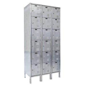 The Vestil Locker-Ss 6 Row 3 Column features three connected metal lockers, each with four compartments. These sleek silver lockers, sized at 54 x 18 x 78 inches, come with ventilation slots and keyholes on each door.