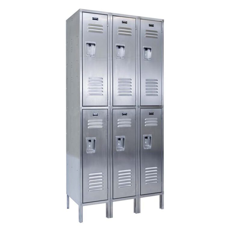 LOCK-5418-SSD3_A.jpg A set of six silver metal lockers, similar to the Vestil Locker-Ss 2 Row 3 Column 54 X 18 X 78 model, featuring handles and ventilation slots on four sturdy legs.