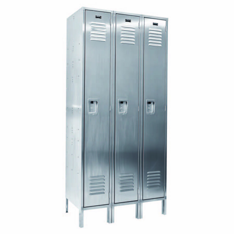 The Vestil Locker-Ss 1 Row 3 Column 54 X 18 X 78 features three silver metal lockers with vented doors, built-in handles, and raised legs.