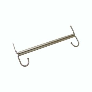 The Vestil Locker Coat Rod - 12 In Wide, with a smooth metallic finish, stands elegantly against a plain background. It features two hooks on each end for easy hanging of items.