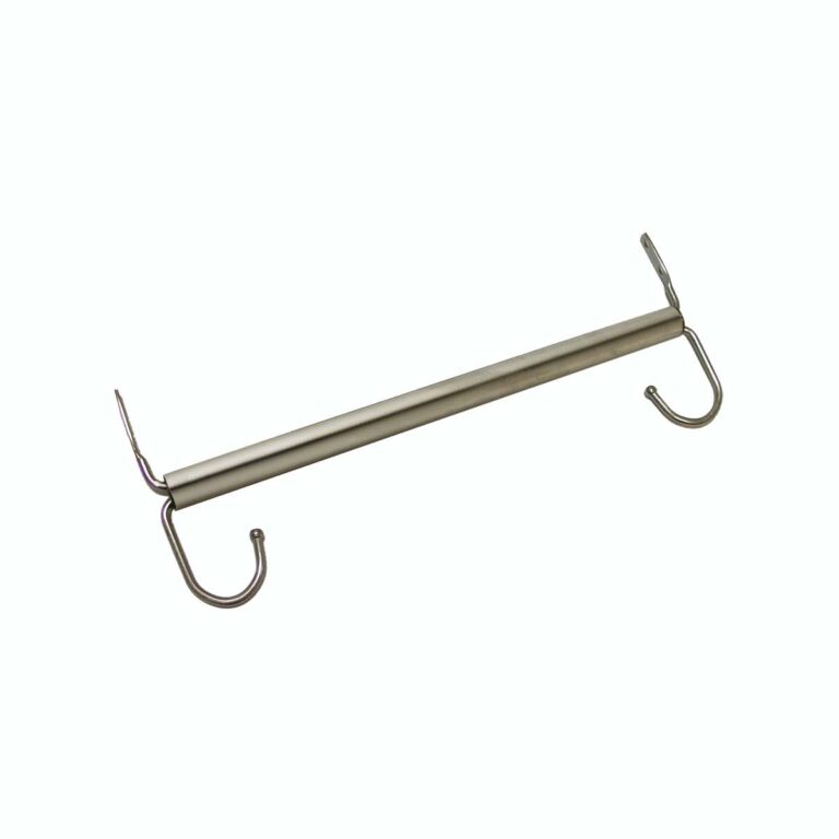 The Vestil Locker Coat Rod - 18 In Wide boasts a sleek metal bar featuring two outward-curving hooks on each end, ideal for hanging items. Its cylindrical design and metallic finish provide a striking contrast against the plain white background.