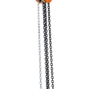 The Vestil Low Headroom Chain Hoist Trolley Push 2K is bright orange with two robust chains and an overhead push trolley, designed for heavy lifting up to 1000 kg, presented against a white backdrop.