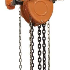 The Vestil Low Headroom Chain Hoist Trolley Gear 4K, with its orange finish and black/silver chains, features sturdy metal construction and wheels designed for lifting heavy loads in workshops or industrial settings.