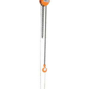 The Vestil Low Headroom Chain Hoist Trolley Push 4K, with an orange finish and chains from a metal beam, features a hook for lifting heavy objects. Its clean design and industrial edge make it ideal for efficient use in demanding environments.