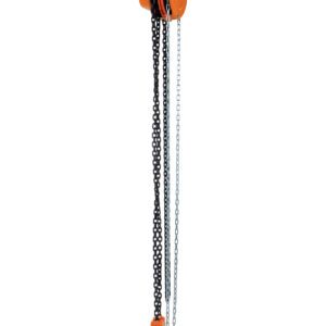 The Vestil Low Headroom Chain Hoist Trolley Push 6K features black and silver chains, an orange hook, and a geared trolley, making it ideal for lifting heavy loads with smooth movement along an overhead beam.