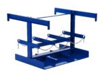 The blue metal stand, similar to the Vestil Fork Truck LP Tank Caddy that holds six tanks, features a rectangular base with vertical and horizontal bars. Three chains with hooks span the bars for support or securing purposes.