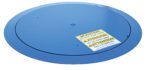 The Vestil Pallet Trk Thin Spin Carousel 54 In has a large blue lid with a trilingual warning label stating CAUTION DO NOT STEP HERE in bold yellow and black text.