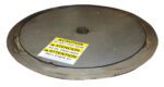 Round industrial metal cover with a central handle and a caution sign reading Do not step here in English, Spanish, and French. The sign has black text on yellow and white backgrounds. Suitable for the Vestil Pallet Trk Thin Spin Carousel SS 60 In to boost safety.