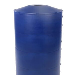 A large, cylindrical water storage tank in imperial blue stands upright, with its flat top and ribbed sides resembling the Vestil Light Pole Base Protector Imperial Blue, seemingly crafted from durable plastic.