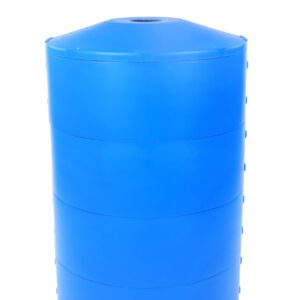 The Vestil Light Pole Base Protector in Safety Blue, large and cylindrical with horizontal ridges and a slightly conical top, stands prominently against a plain white background.