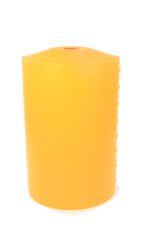 A large, cylindrical Vestil Light Pole Base Protector in yellow features a flat, slightly domed top and vertical seams. Isolated against a white background, it stands as a vivid beacon of industrial design.