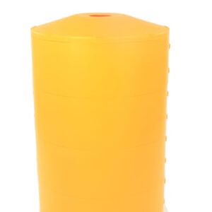 A large, cylindrical Vestil Light Pole Base Protector in yellow features a flat, slightly domed top and vertical seams. Isolated against a white background, it stands as a vivid beacon of industrial design.