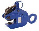 The blue Vestil Vertical Positive Locking Plate Clamp 6K, with a visible gear mechanism, spring, and circular handle, securely grips heavy objects. It features a silver label with text, ensuring reliable and precise lifting.