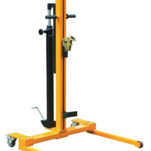 The yellow Vestil Low-Profile Hydraulic Drum Truck 600 Lb features a black support, twin handles, and a crank mechanism. Its wide base with four caster wheels ensures smooth movement, making it perfect for efficient material handling.