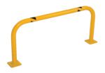 The Vestil Low Profile Rack Guard 36X16.38X1.69 is a yellow metal safety barrier with rounded corners, two mounting base plates, and black diagonal stripes near the top on each side, ideal for access control or protection in industrial or commercial spaces.