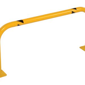 The Vestil Low Profile Rack Guard 36X16.38X1.69 is a yellow metal safety barrier with rounded corners, two mounting base plates, and black diagonal stripes near the top on each side, ideal for access control or protection in industrial or commercial spaces.