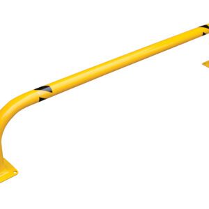 The Vestil Low Profile Rack Guard 36X93.38X1.69 is a yellow metal safety barrier with curved ends and two square base plates, featuring black diagonal stripes for enhanced visibility and protection.