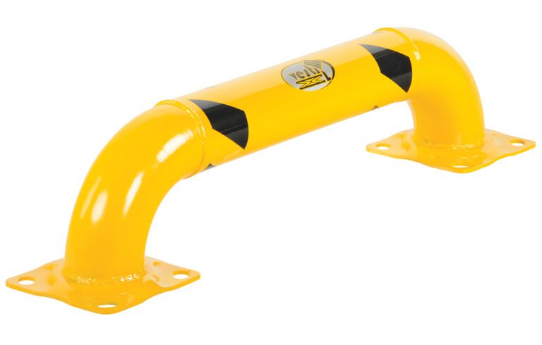 The Vestil Low Profile Rack Guard features a yellow metal barrier with two black diagonal stripes on the arch, a curved design, and two flanges for mounting, topped with a logo.