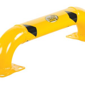 The Vestil Low Profile Rack Guard features a yellow metal barrier with two black diagonal stripes on the arch, a curved design, and two flanges for mounting, topped with a logo.