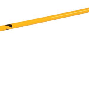 The yellow Vestil Low Profile Rack Guard 48X16.38X1.69 features black diagonal stripes and a U-shape design with two mounting plates at the base, allowing for easy installation as a metal safety barrier in industrial or commercial settings.