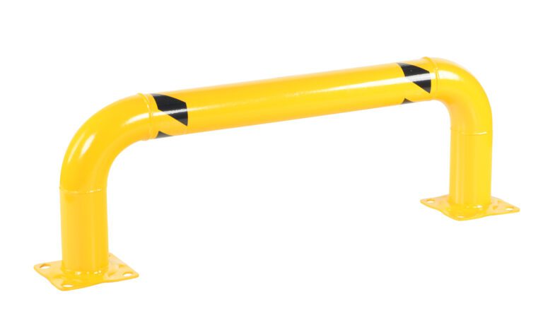The Vestil Low Profile Rack Guard (48.63X16.94X4.5) is a yellow curved safety barrier with black diagonal stripes on both ends, featuring two flat base plates for secure mounting, ideal for protecting structures or equipment.