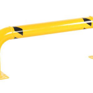 The Vestil Low Profile Rack Guard (48.63X16.94X4.5) is a yellow curved safety barrier with black diagonal stripes on both ends, featuring two flat base plates for secure mounting, ideal for protecting structures or equipment.