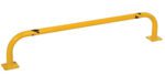 The Vestil Low Profile Rack Guard 48X9.38X1.69 is a yellow metal barrier with black diagonal-striped ends, featuring a horizontal curve and two flat rectangular bases for secure ground installation.
