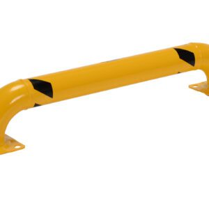The Vestil Low Profile Rack Guard 48.63X8.94X4.5 features a yellow metal barrier with rounded ends and black diagonal stripes, mounted on flat plates with holes for secure installation, ensuring protection and durability.