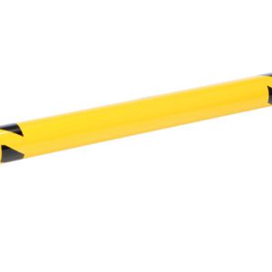 The Vestil Low Profile Rack Guard 72.63X8.94X4.5 is a curved, yellow guard with black stripes, featuring mounting plates on both ends, shown on a white background.