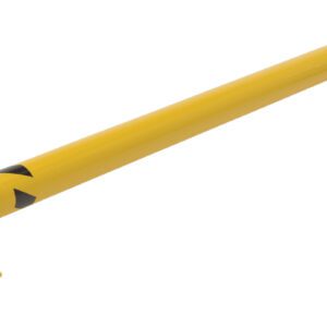 The Vestil Low Profile Rack Guard 92X8.94X4.5 features a yellow steel barrier rail with black diagonal arrows and is mounted horizontally on the floor. Its curved design and flat square baseplates ensure secure installation, offering excellent safety and protection.