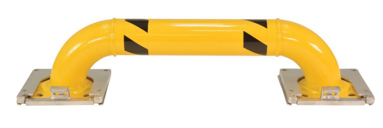 The Vestil Removable Low Profile Rack Guard 51.5X16 includes a yellow safety barrier with black diagonal stripes and two flat metal bases for floor mounting, making it ideal for efficiently protecting machinery or structures.