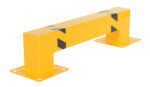 The yellow rectangular metal barrier, featuring black diagonal stripes on top, is designed for industrial or safety use. It resembles the Vestil Heavy Duty Machine and Rack Guards Low 36 X 9 with flat bases on both ends, and mounting holes against a plain white background.