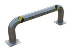 The Vestil Ss Low Profile Guard 48.63X16.94X4.5 features a curved metal safety barrier with black and yellow stripes, mounted on dual rectangular bases for bolting to the ground, enhancing visibility and safety on a white background.