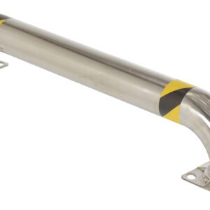The Vestil Ss Low Profile Guard 48.63X9X8.94X4.5 is a metal barrier with a curved design, shiny finish, and mounting base plates. It features yellow and black safety stripes for enhanced hazard awareness.