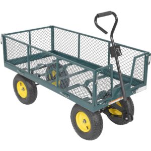 The Vestil Landscape Cart With Fold Down Side 1K Lb is a sturdy green metal mesh cart with four large black wheels featuring yellow rims. It has a black handle for easy pulling, making it ideal for transporting gardening tools and supplies efficiently.