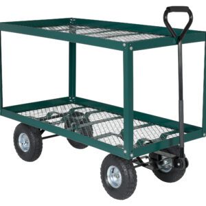The Vestil Landscape Cart Two Shelf 300 Lb 48 X 24, featuring a rectangular frame, two mesh shelves, and four large black wheels, is perfect for carrying heavy items. With its open design and sturdy black handle, this green metal utility cart ensures easy loading and unloading.