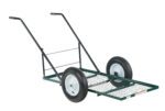 The Vestil Landscape Cart Low Profile Tilt 500 Lb is a robust green metal garden cart featuring a mesh flatbed, two large black rubber wheels, and two long black handles for easy maneuvering. It can tilt to transport heavy loads up to 500 lbs over outdoor terrain.