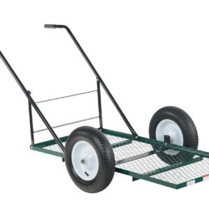 The Vestil Landscape Cart Low Profile Tilt 500 Lb is a robust green metal garden cart featuring a mesh flatbed, two large black rubber wheels, and two long black handles for easy maneuvering. It can tilt to transport heavy loads up to 500 lbs over outdoor terrain.