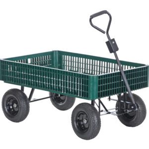 The Vestil Landscape Cart W/Plastic Crate features a metal frame with a lattice design, four black wheels, and a long handle for easy pulling, making it perfect for transporting items in outdoor or garden settings.