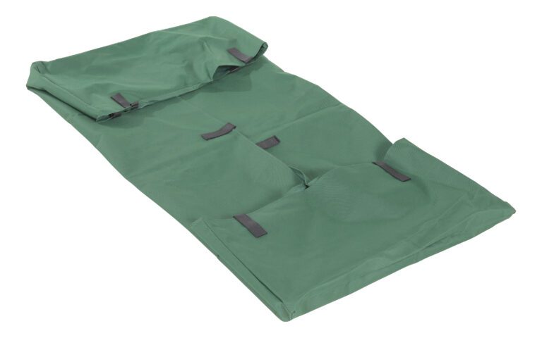 The green Vestil Landscaping Cart Canvas Liner, 24x48 usable inches, features numerous black handles and lies flat. Its open design unveils a roomy interior ideal for carrying or storage purposes.